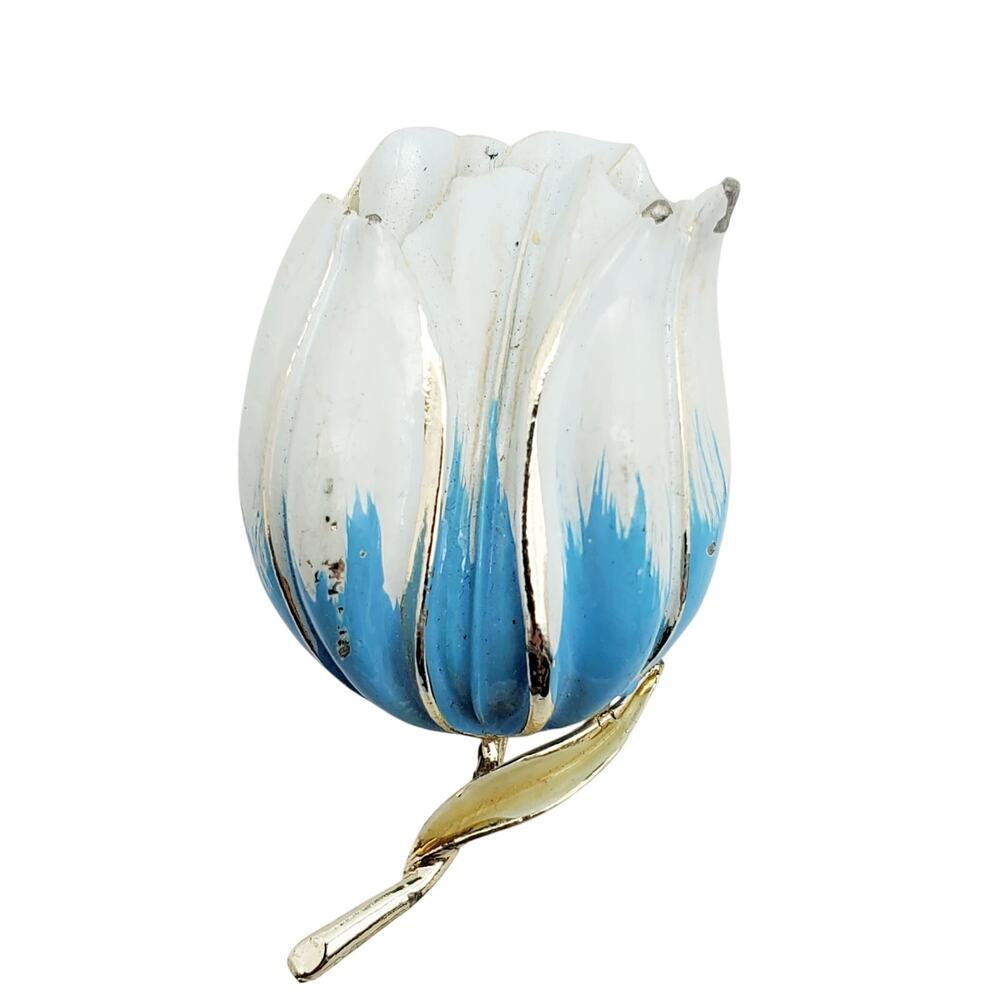 Flower Power Brooch Blue Enamel Tulip Metal Pin Vintage 1960s Hippie Retro Boho